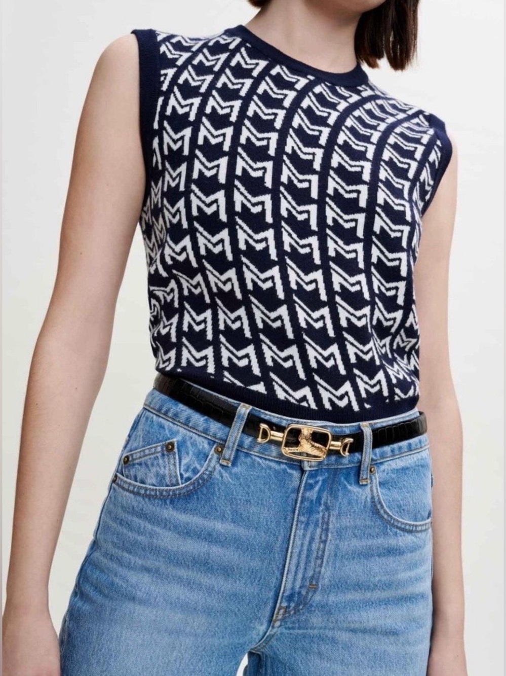 🛍️Maje Small/1 Navy/White Geometric Motif Jacquard Knit Cropped Sweater Vest
